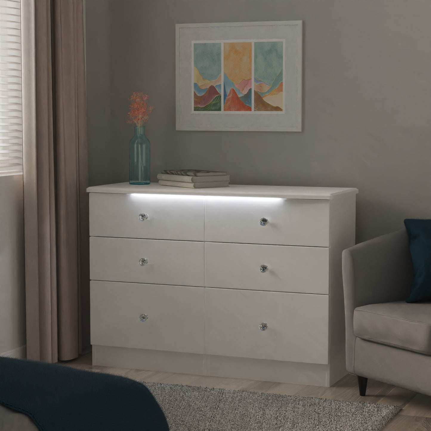 Lumiere Large Chest of Drawers with LED lights White 6 Drawers 112cm