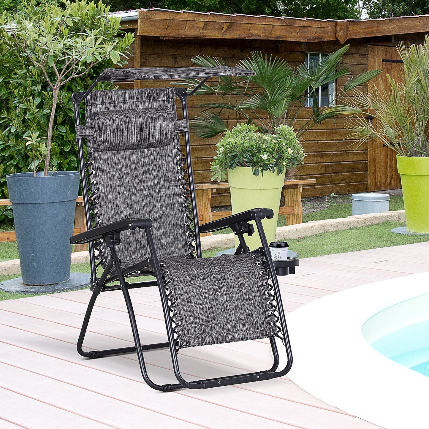 Zero Gravity Garden Deck Folding Chair Texteline Patio Sun Adjustable Lounger Reclining Seat with Cup Holder & Canopy Shade - Grey