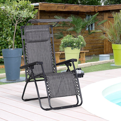 Zero Gravity Garden Deck Folding Chair Texteline Patio Sun Adjustable Lounger Reclining Seat with Cup Holder & Canopy Shade - Grey