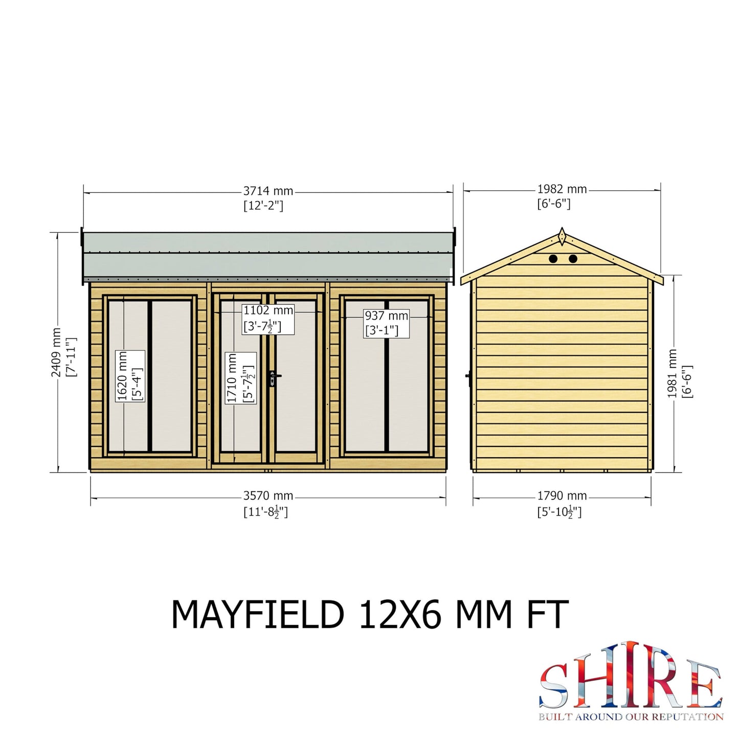 Shire Mayfield 5' 7" x 11' 8" Reverse Apex Summerhouse - Premium Dip Treated Shiplap