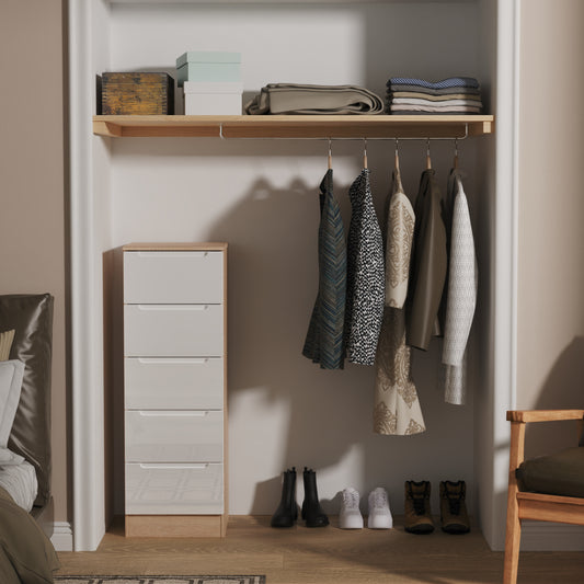 Milan Bedside Table White & Oak 5 Drawers 108cm