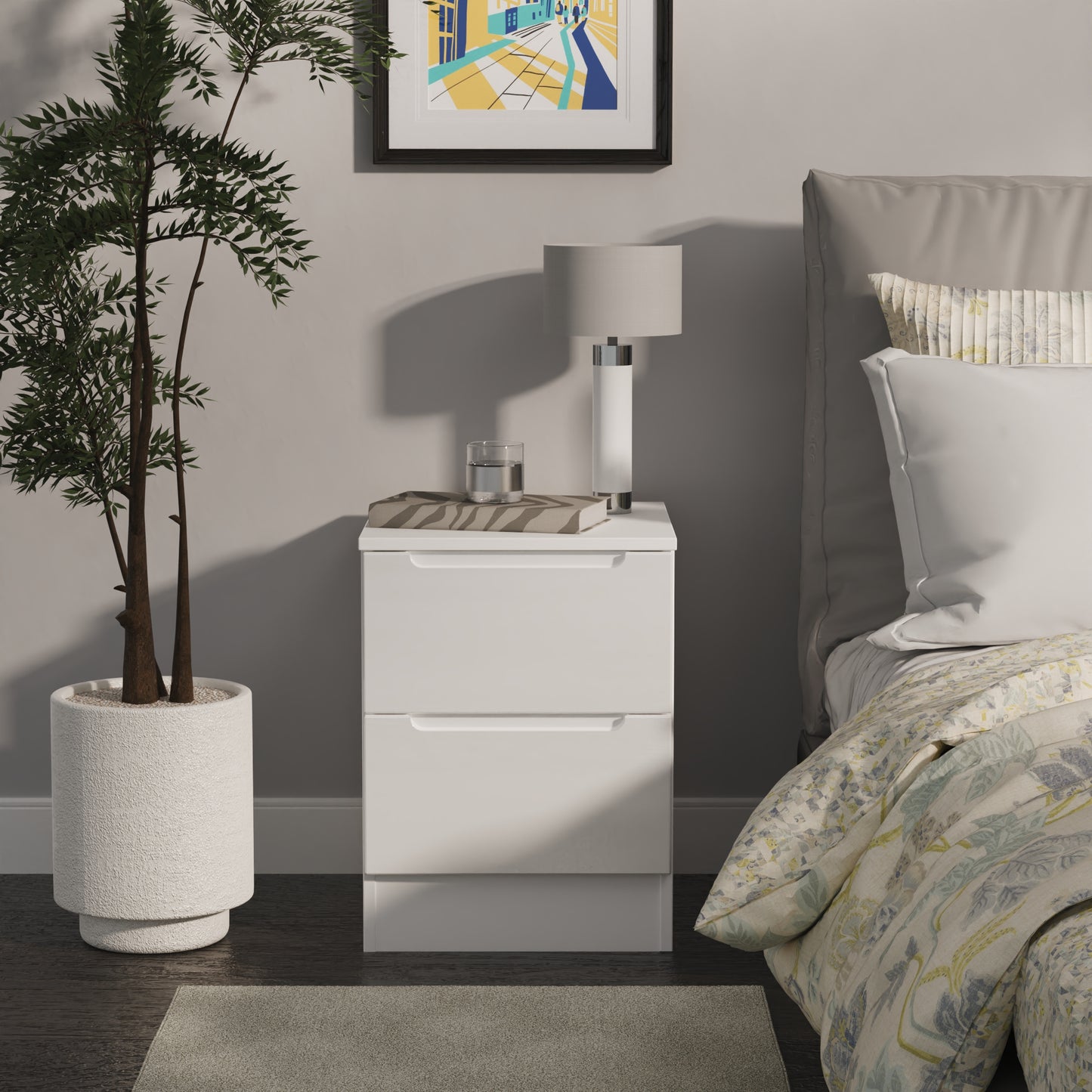 Milan Bedside Table White 2 Drawers 51cm