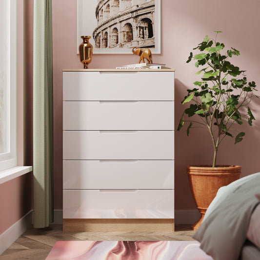 Milan Tall Chest of Drawers White & Oak 5 Drawers 108cm