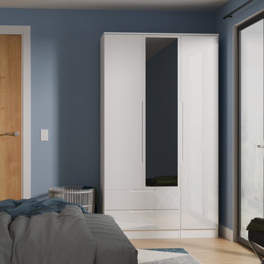 Milan Tall Mirror Wardrobe White 1 Shelf 2 Drawers 196cm