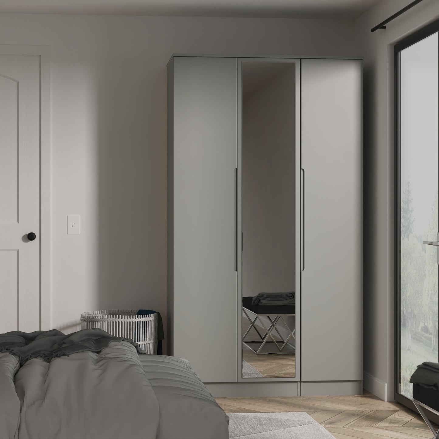 Milan Tall Mirror Wardrobe Grey 2 Shelves 196cm