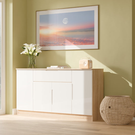 Milan Large Sideboard White & Oak 4 Doors 2 Shelves 1 Drawer 144cm