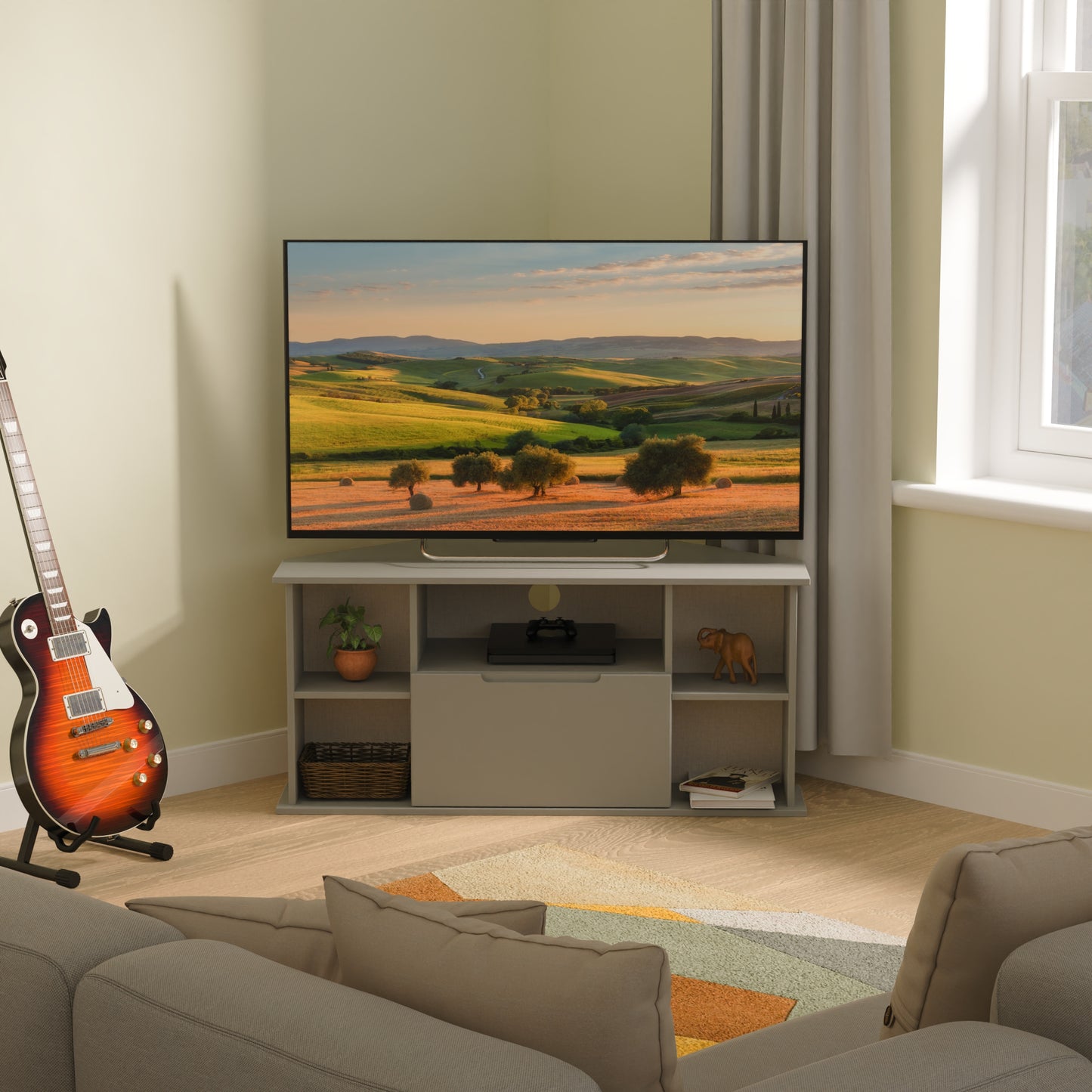 Milan Corner Corner TV Unit Grey 5 Shelves 1 Drawer 110cm