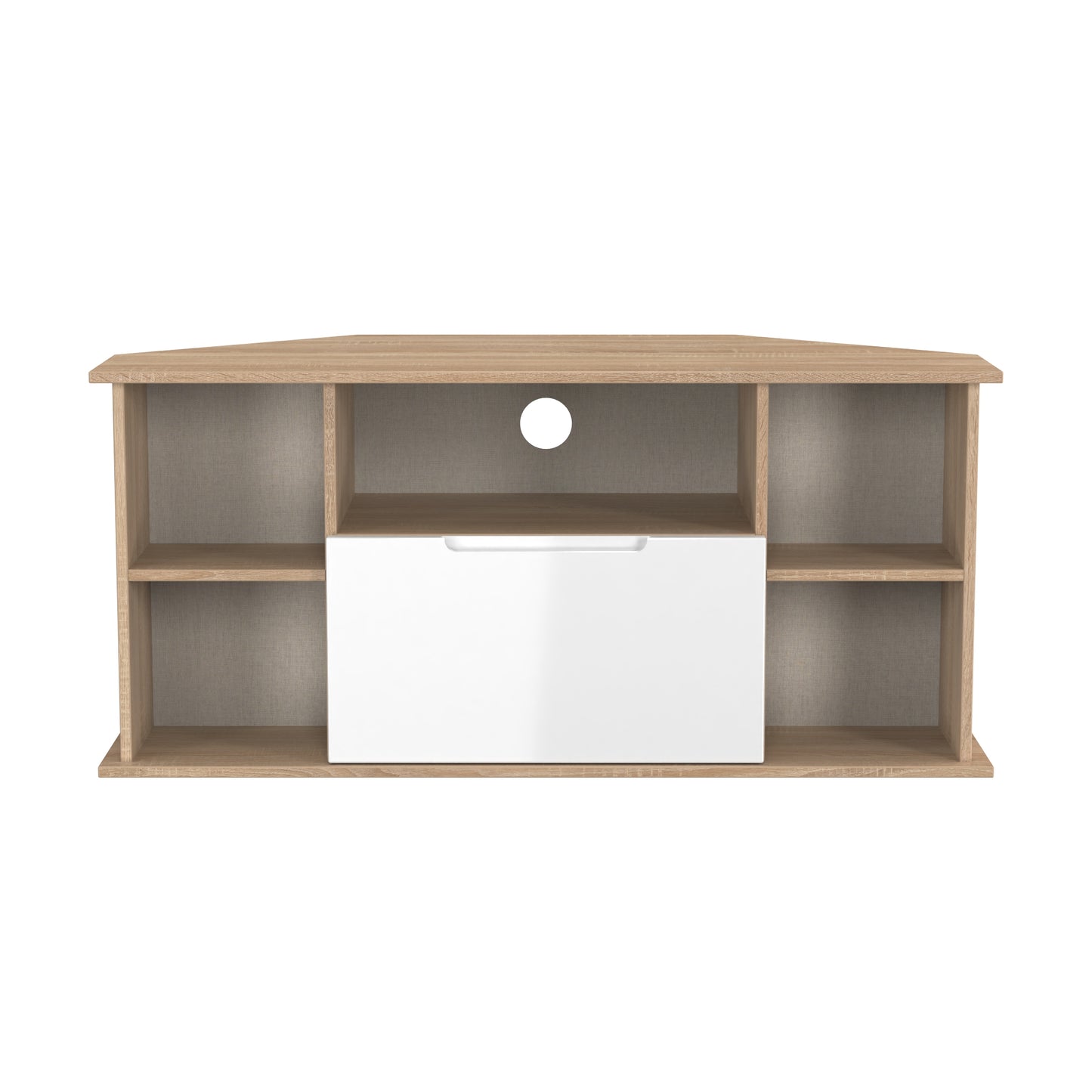 Milan Corner Corner TV Unit White & Oak 5 Shelves 1 Drawer 110cm
