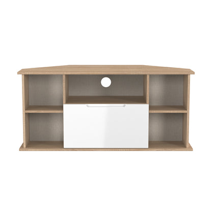 Milan Corner Corner TV Unit White & Oak 5 Shelves 1 Drawer 110cm
