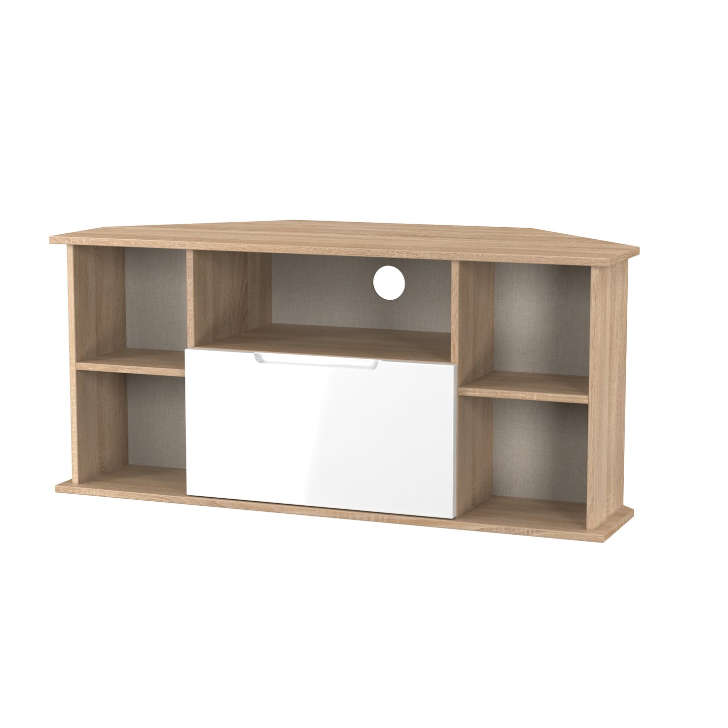 Milan Corner Corner TV Unit White & Oak 5 Shelves 1 Drawer 110cm