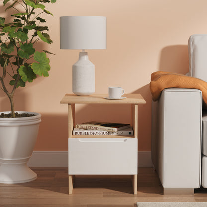 Milan Side Table White & Oak 1 Shelf 1 Drawer 50cm