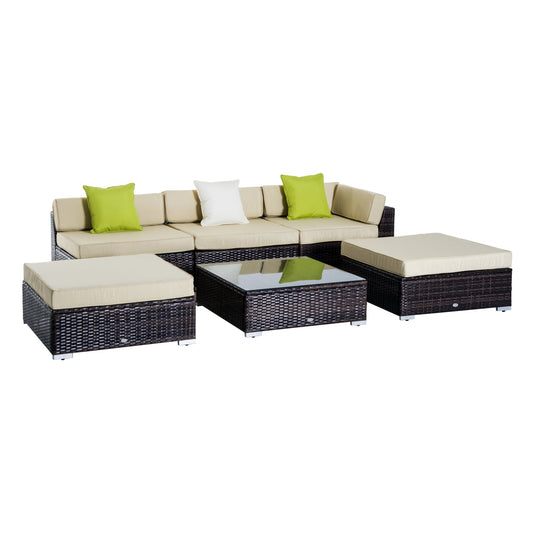 6 PC Rattan Sofa Coffee Table Set Sectional Wicker Weave Furniture for Garden Outdoor Conservatory w/ Pillow Cushion Brown Primary Image