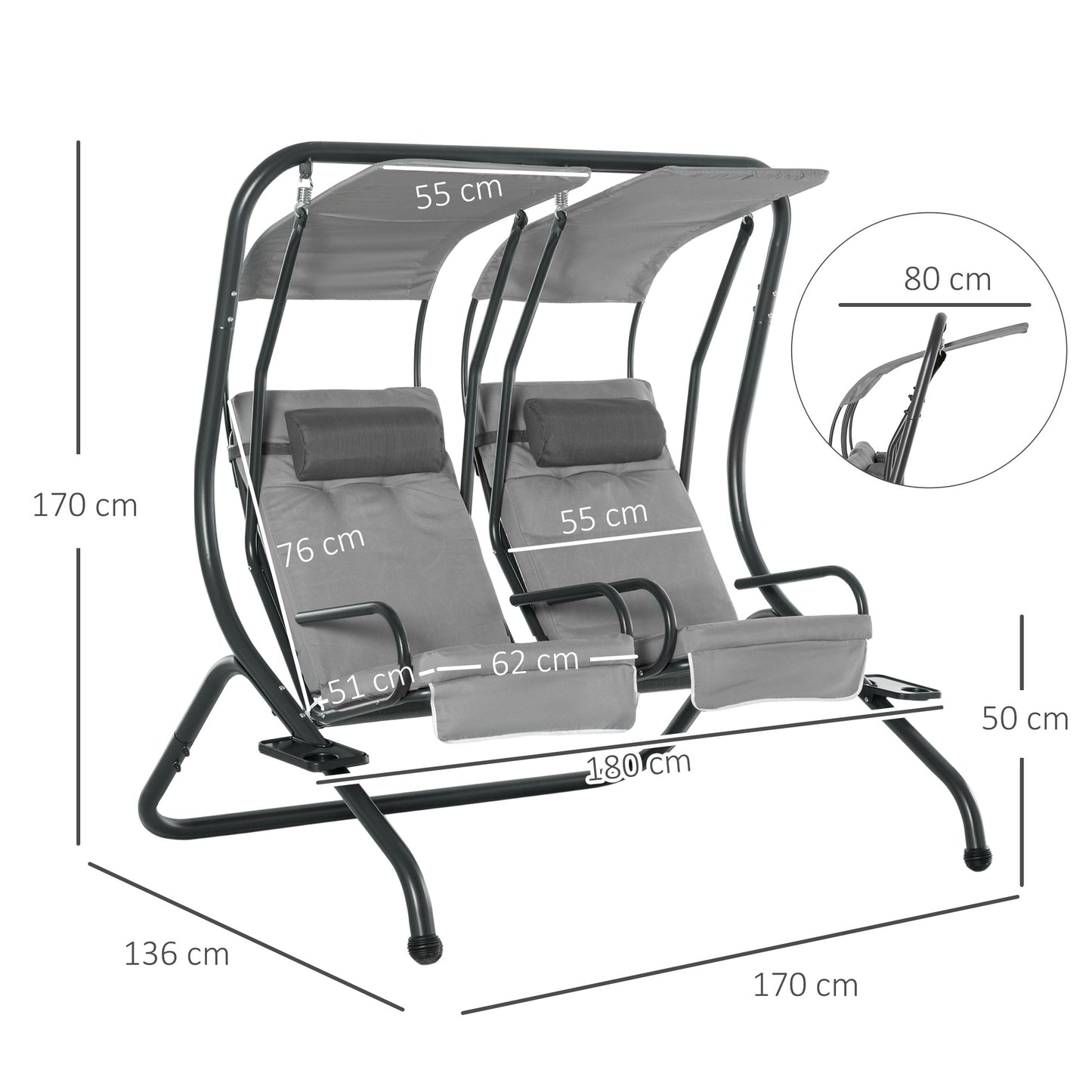 Outsunny Canopy Swing 2 Separate Relax Chairs With Handrails And Removable Canopy Grey