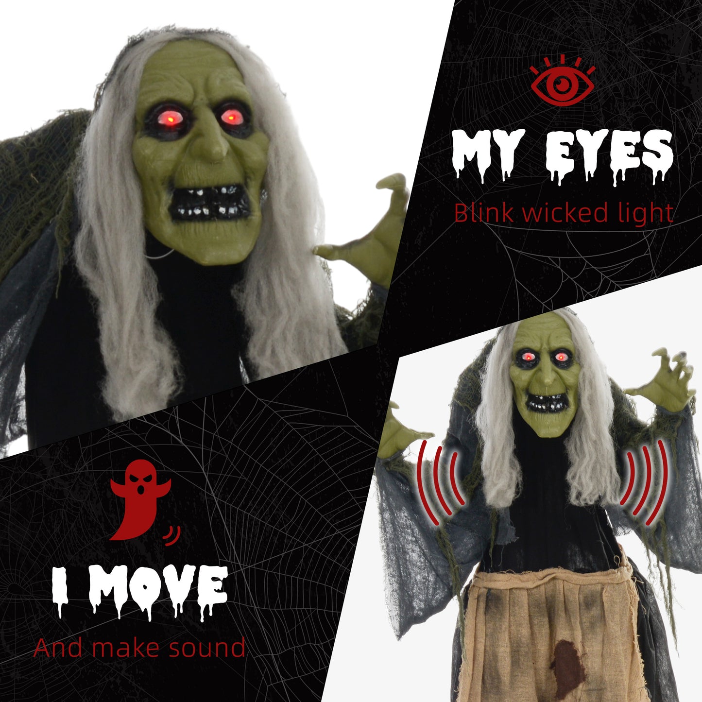 Animated Hunchback Witch Halloween Decoration - 160cm