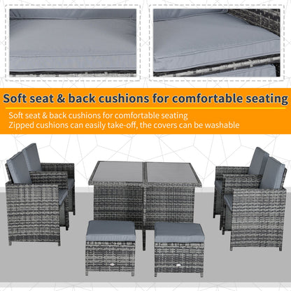 8 Seater Rattan Dining Set Garden Furniture Cushion Seat Woven Rattan Grey