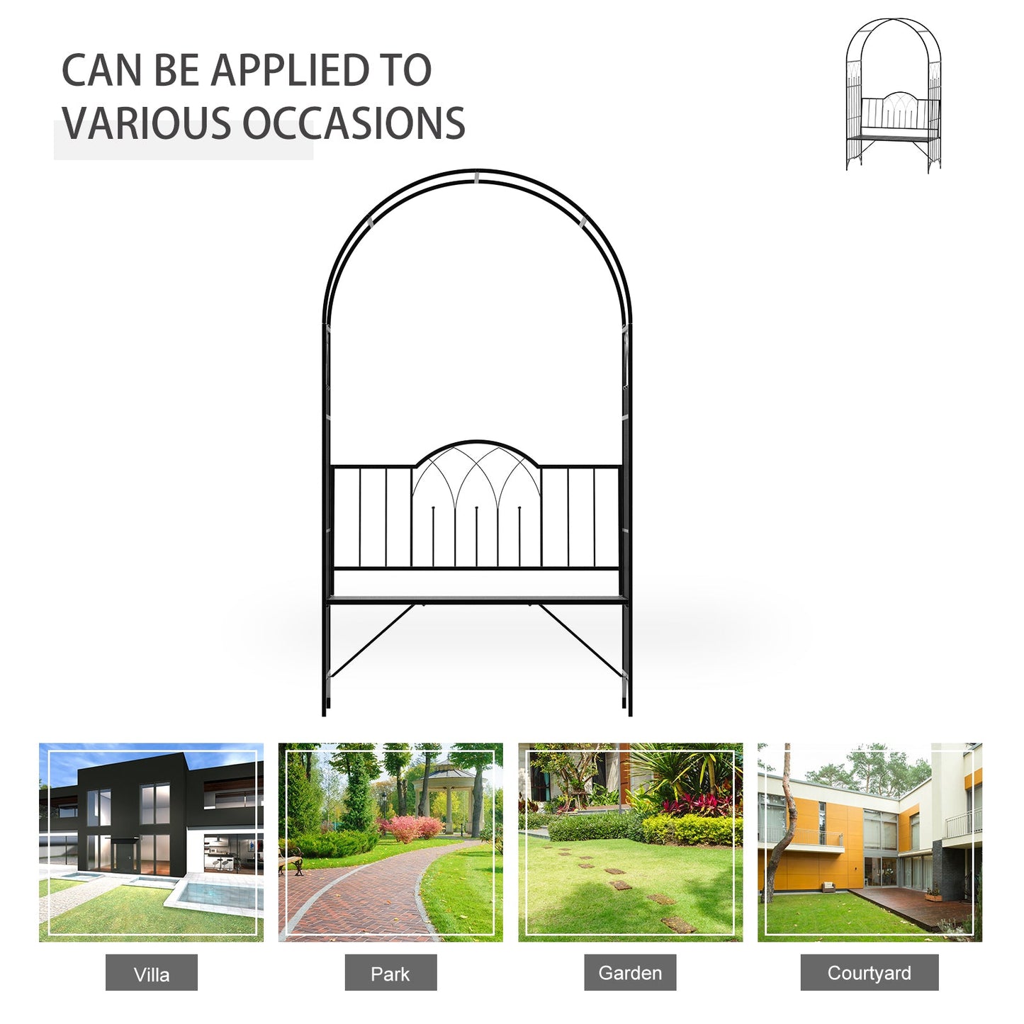 Garden Metal Arch Bench Outdoor Patio Rose Trellis Arbour Pergola for Climbing Plant Antique Style 2 Seater Chair