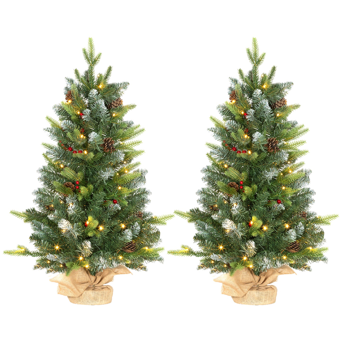 2x 3ft Burlap Base Christmas Tree Artificial - White Frosted Green with LED Lights Warm White 291 Tips Primary Image