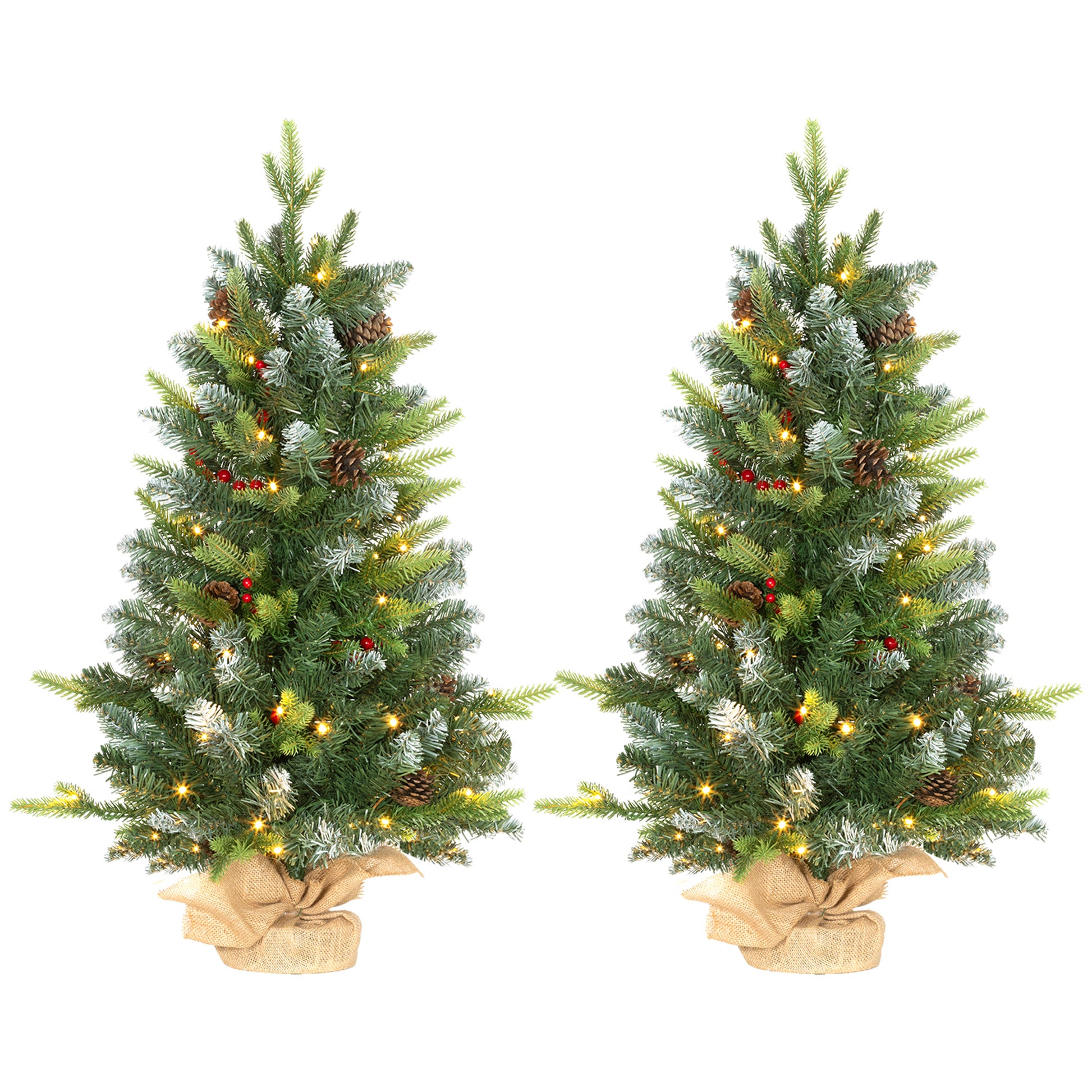 2x 3ft Burlap Base Christmas Tree Artificial - White Frosted Green with LED Lights Warm White 291 Tips Primary Image