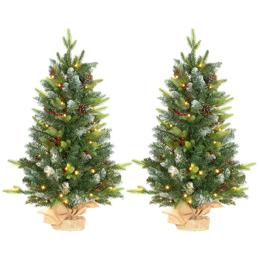 2x 3ft Burlap Base Christmas Tree Artificial - White Frosted Green with LED Lights Warm White 291 Tips Primary Image