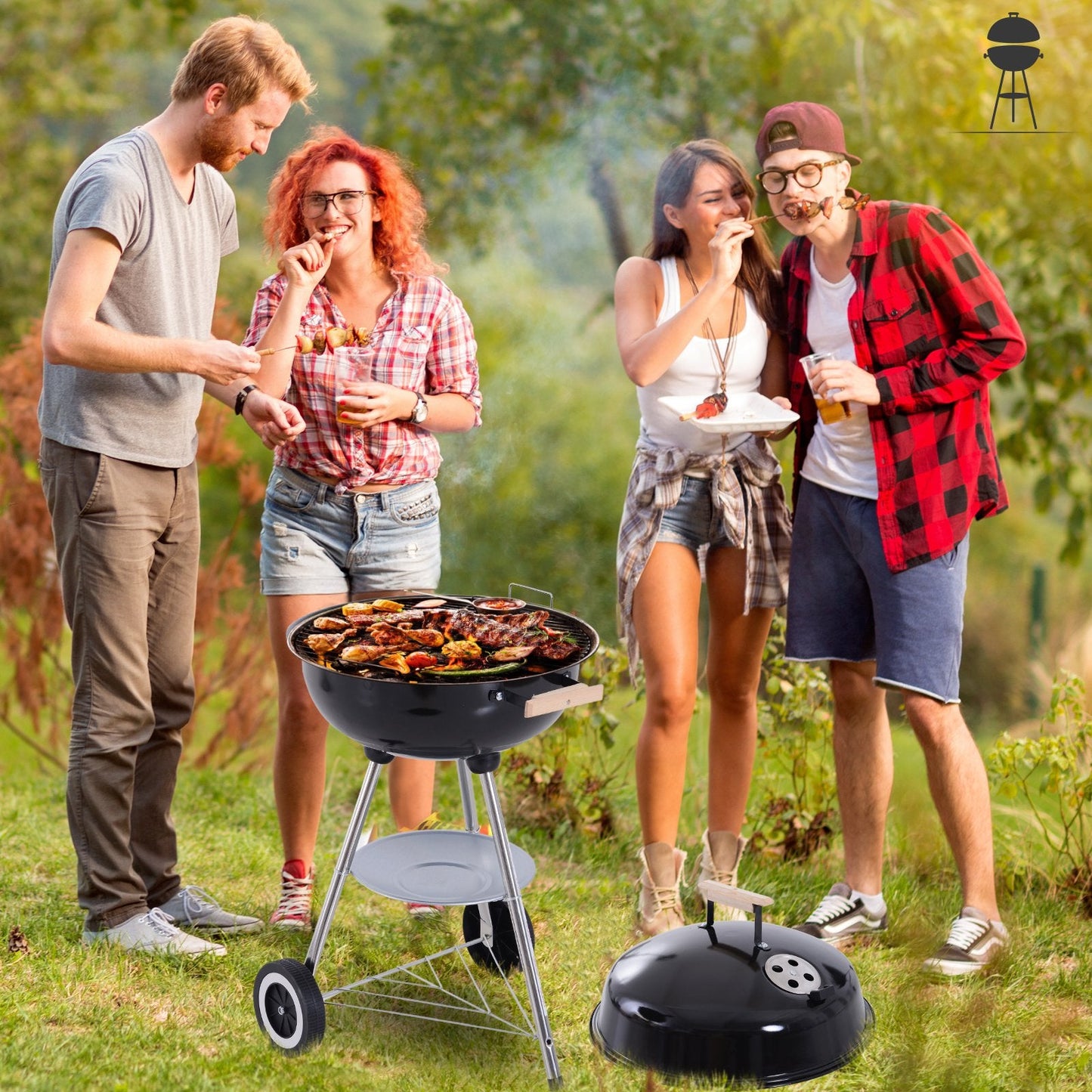 Portable Round Kettle Charcoal Grill BBQ Smoker with Lid Outdoor Heat Control Party Patio Barbecue Garden