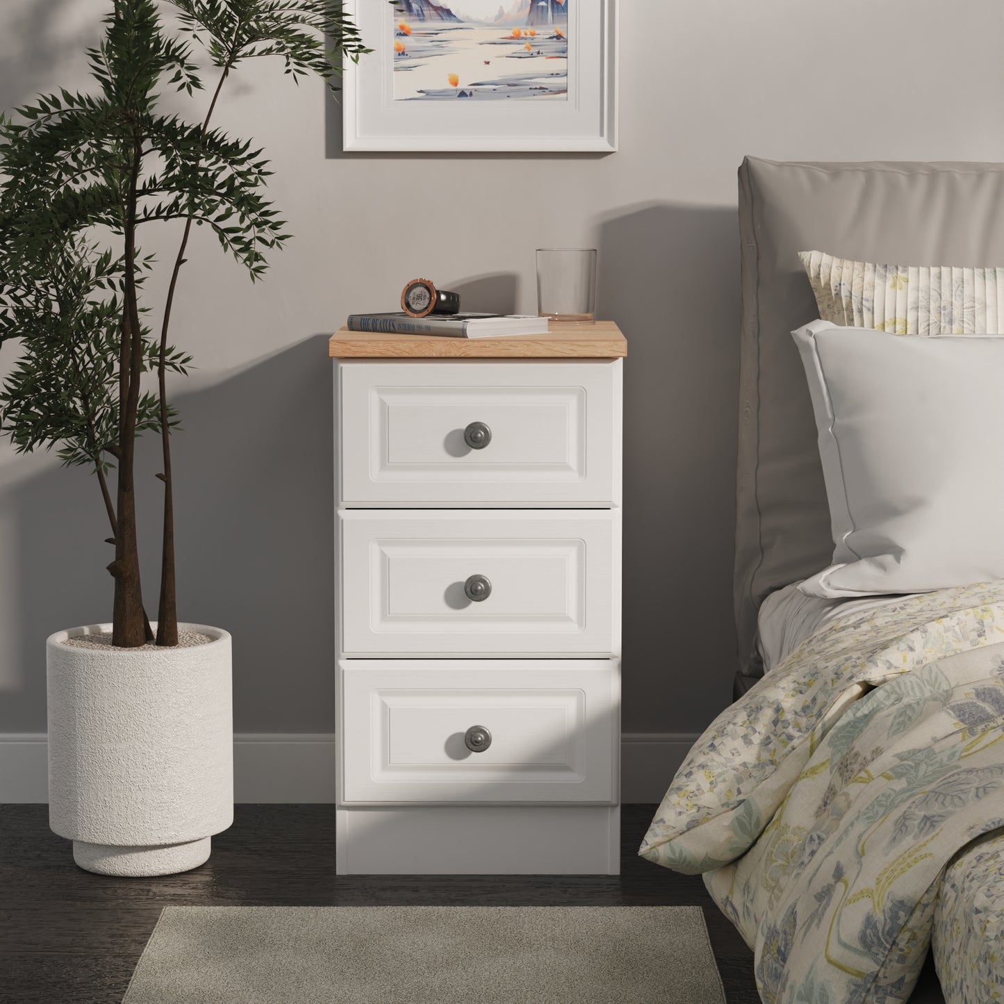 Norfolk Bedside Table White & Light Oak 3 Drawers 37cm