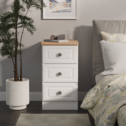 Norfolk Bedside Table White & Light Oak 3 Drawers 37cm