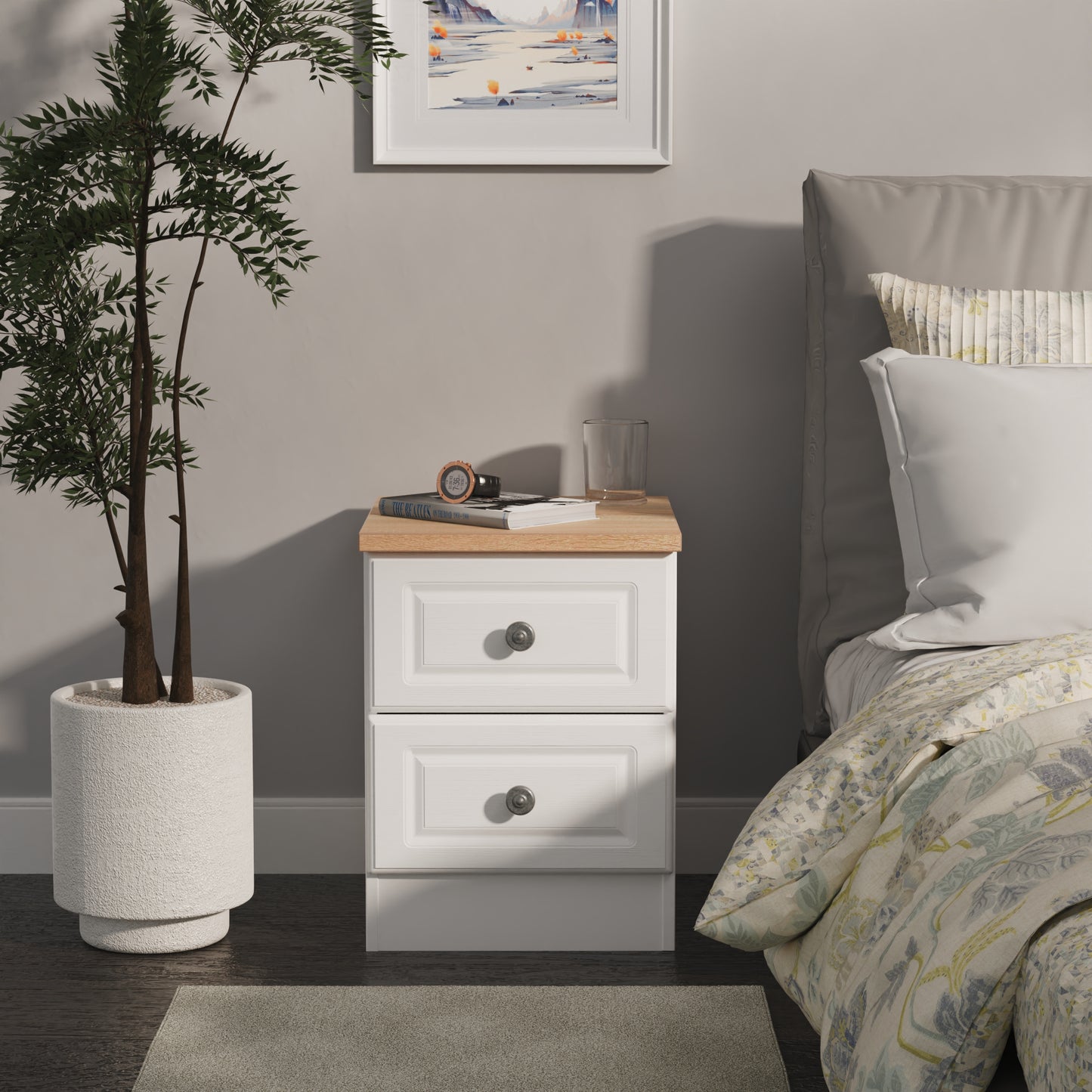Norfolk Bedside Table White & Light Oak 2 Drawers 37cm