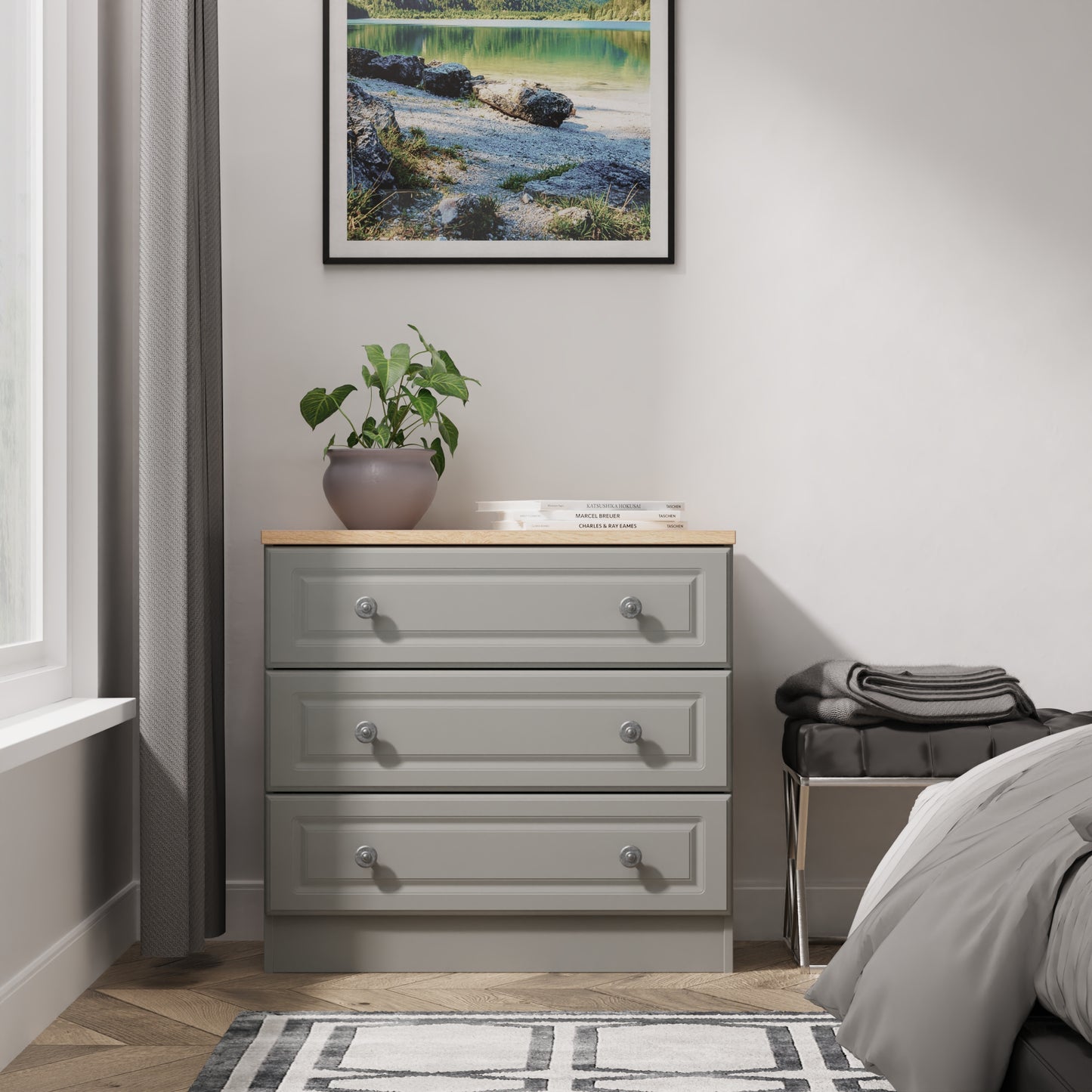 Norfolk Chest of Drawers Grey & Light Oak 3 Drawers 74cm