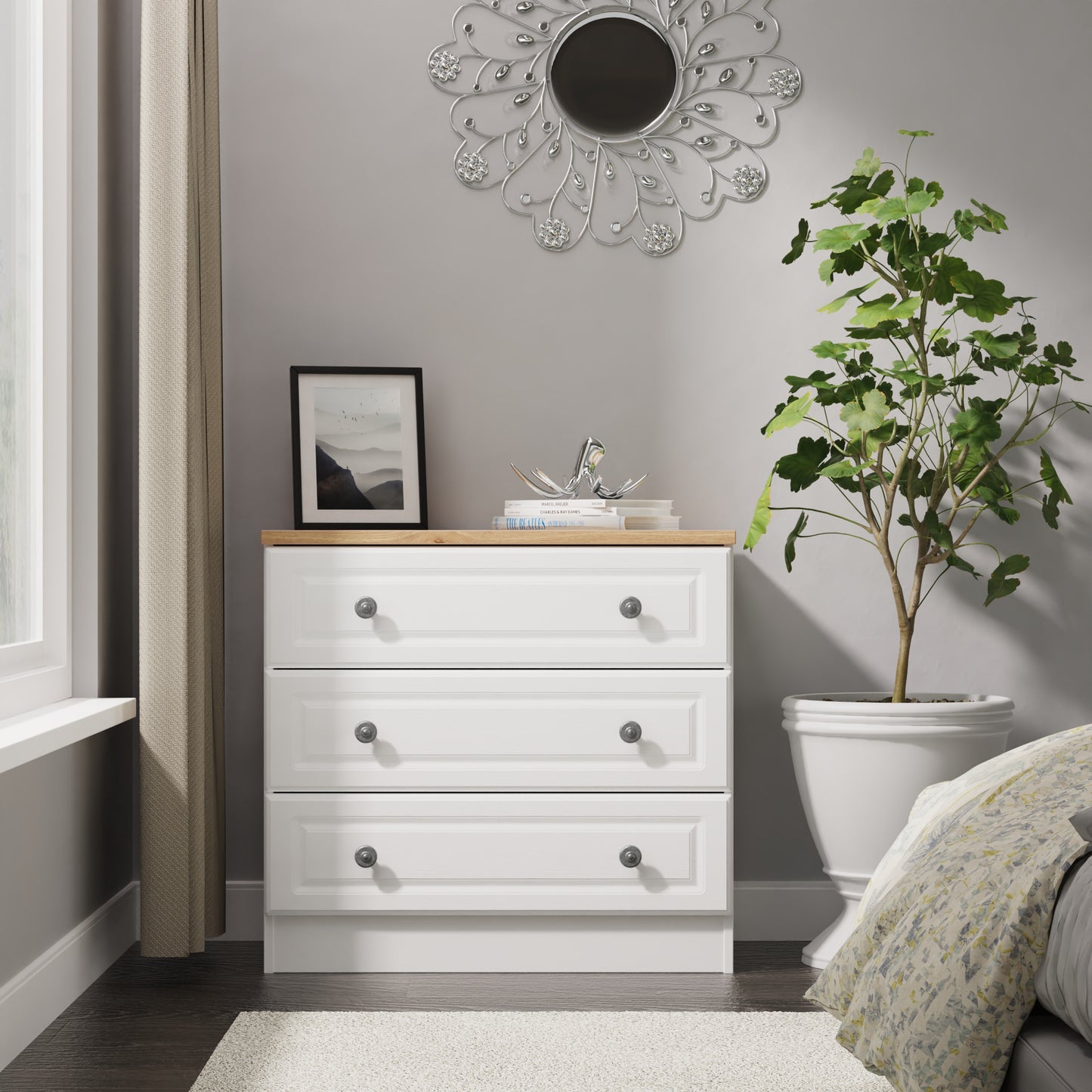 Norfolk Chest of Drawers White & Light Oak 3 Drawers 74cm