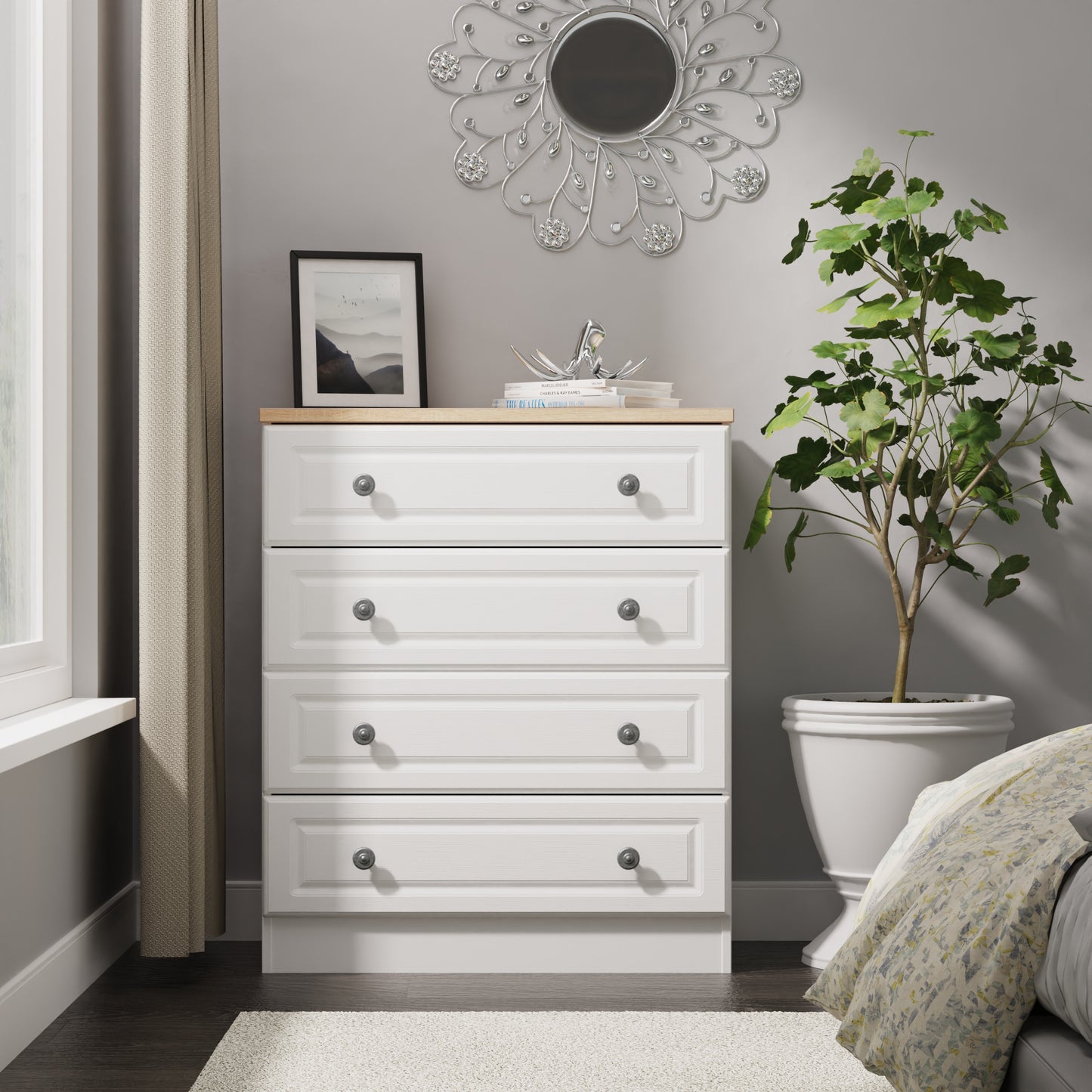Norfolk Chest of Drawers White & Light Oak 4 Drawers 74cm