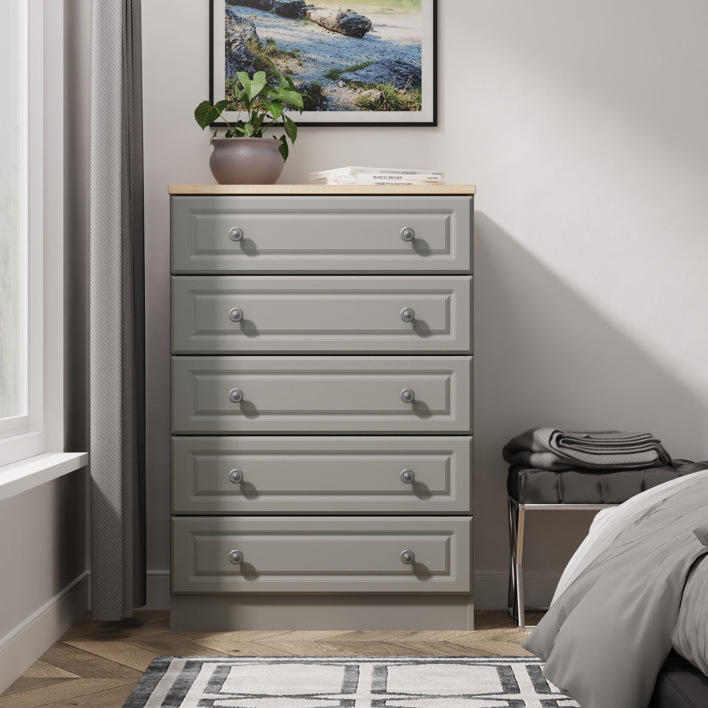 Norfolk Tall Chest of Drawers Grey & Light Oak 5 Drawers 74cm