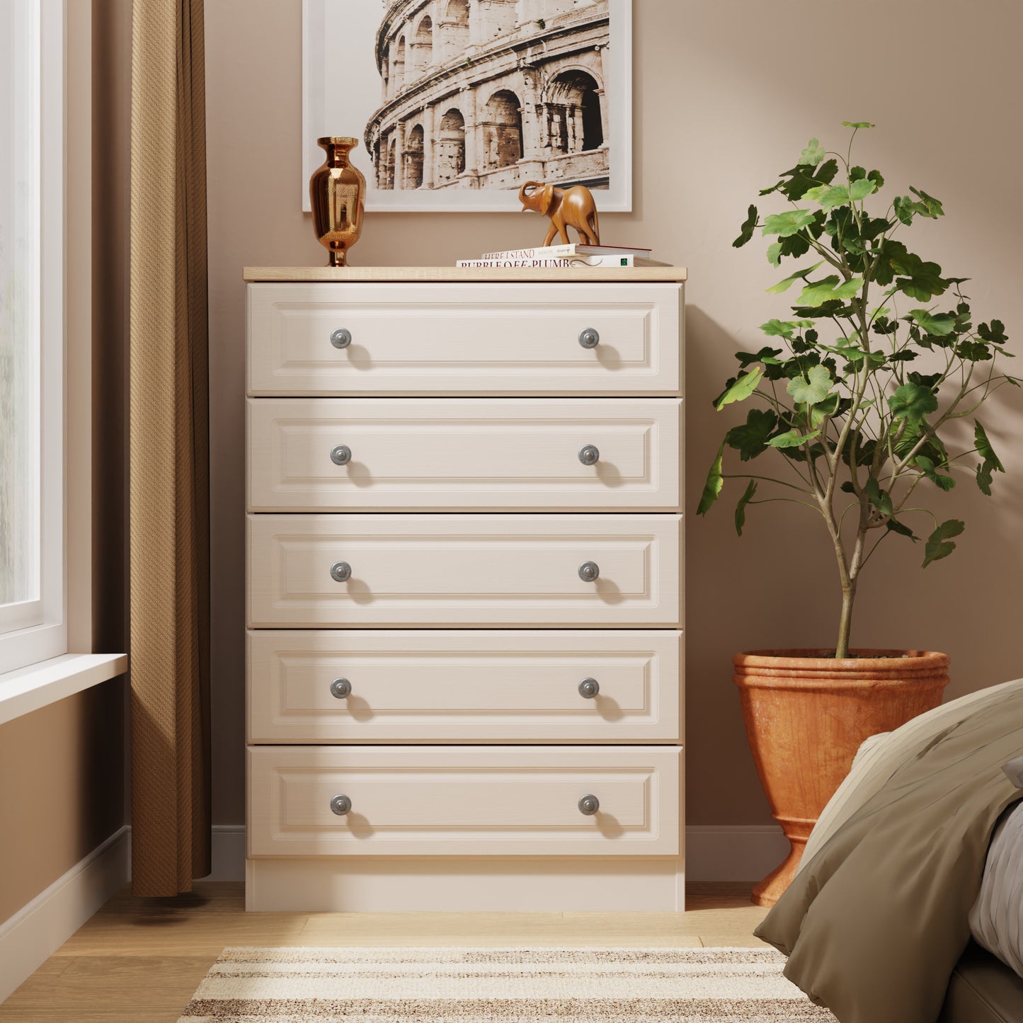 Norfolk Tall Chest of Drawers Off-white & Light Oak 5 Drawers 74cm