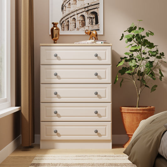 Norfolk Tall Chest of Drawers Off-white & Light Oak 5 Drawers 74cm