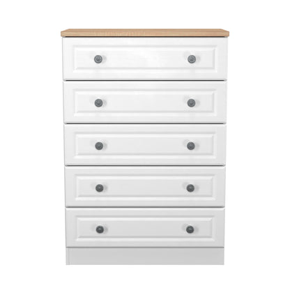Norfolk Tall Chest of Drawers White & Light Oak 5 Drawers 74cm