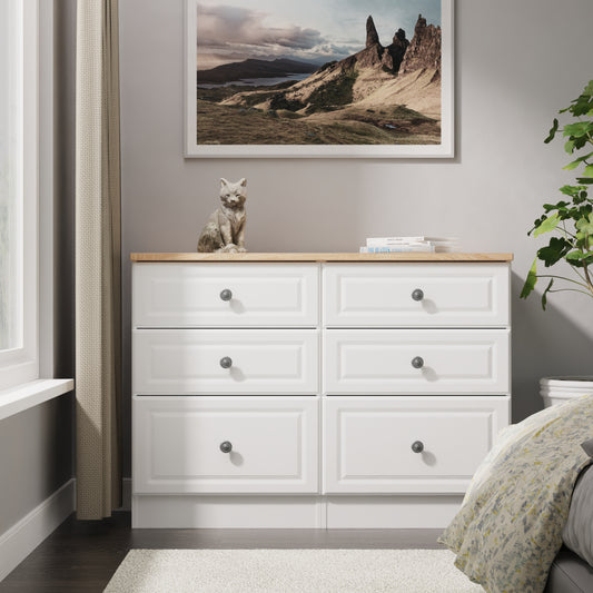 Norfolk Large Chest of Drawers White & Light Oak 6 Drawers 110cm