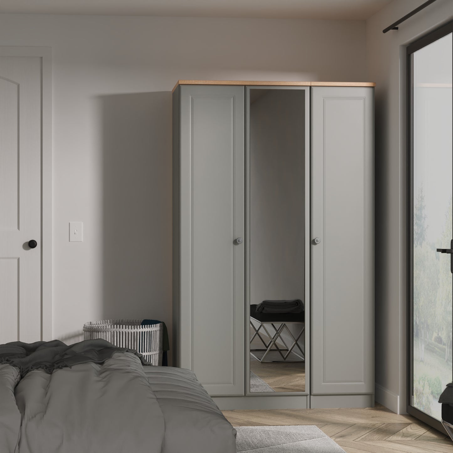 Norfolk Tall Mirror Wardrobe Grey & Light Oak 1 Shelf 111cm