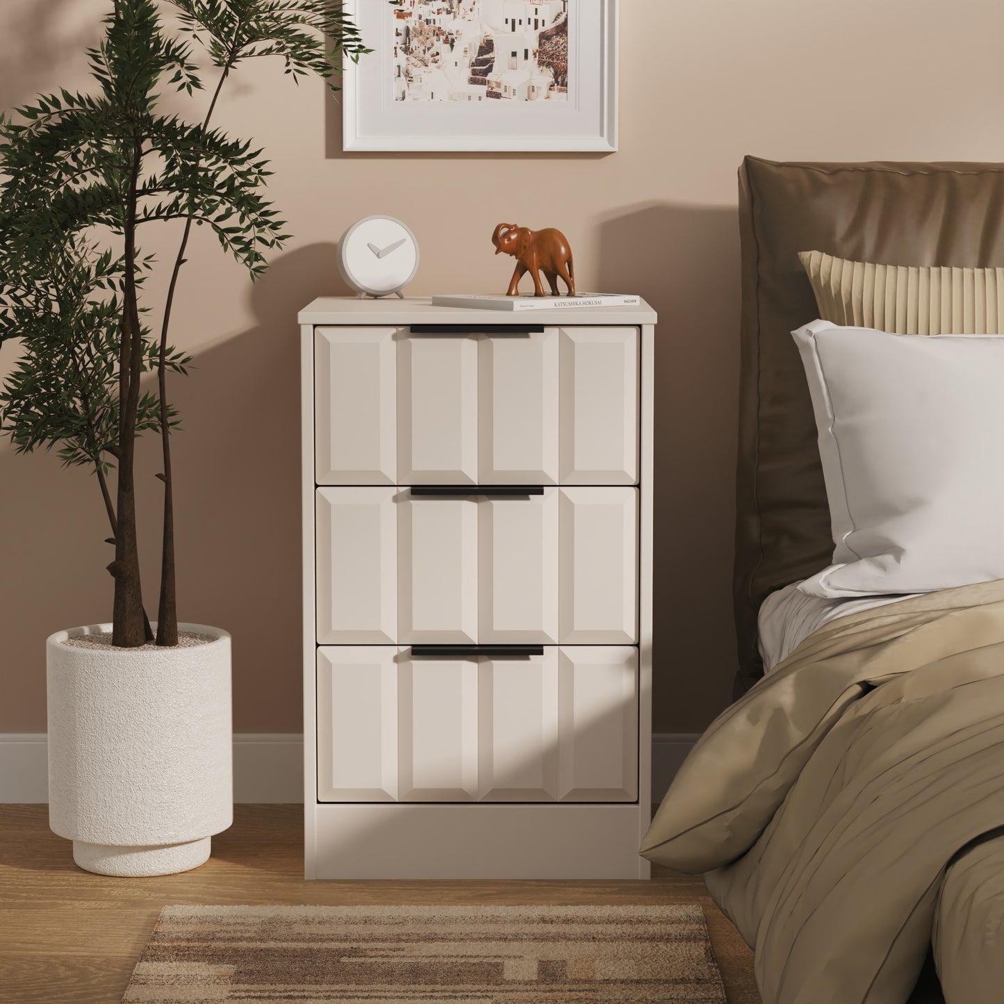 New York C Bedside Table Off-white 3 Drawers 45cm