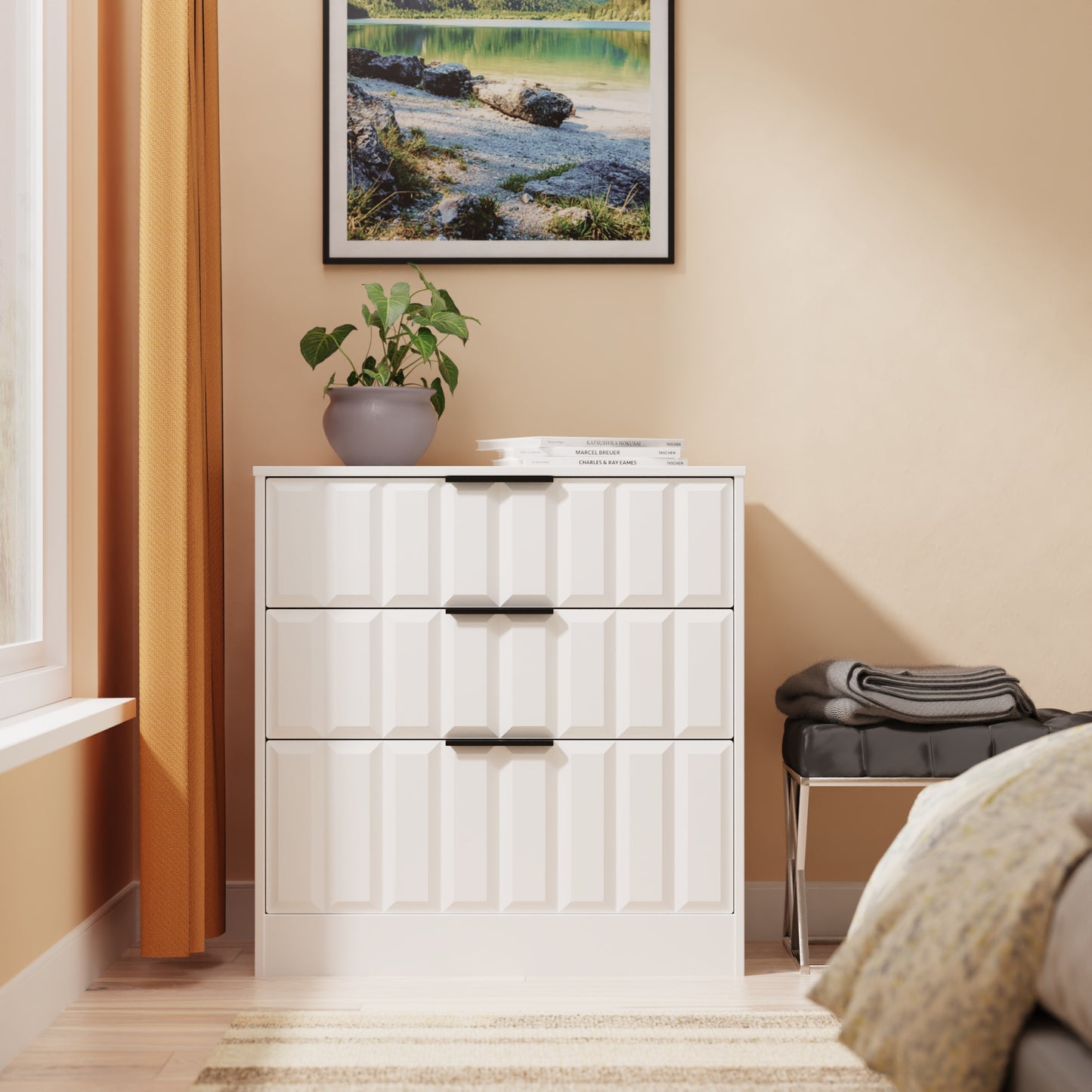 New York C Chest of Drawers White 3 Drawers 77cm