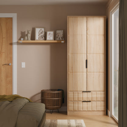 New York C Tall Wardrobe Light Oak 2 Doors 2 Drawers 77cm