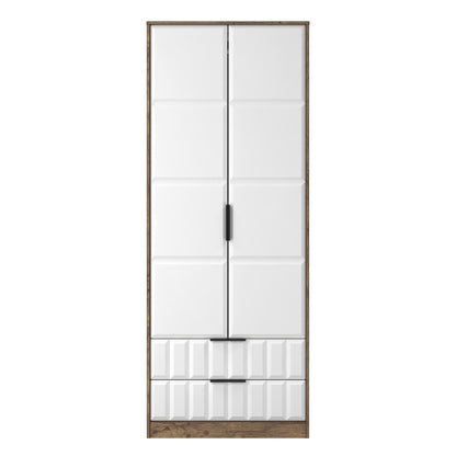 New York C Tall Wardrobe White & Vintage Oak 2 Doors 2 Drawers 77cm