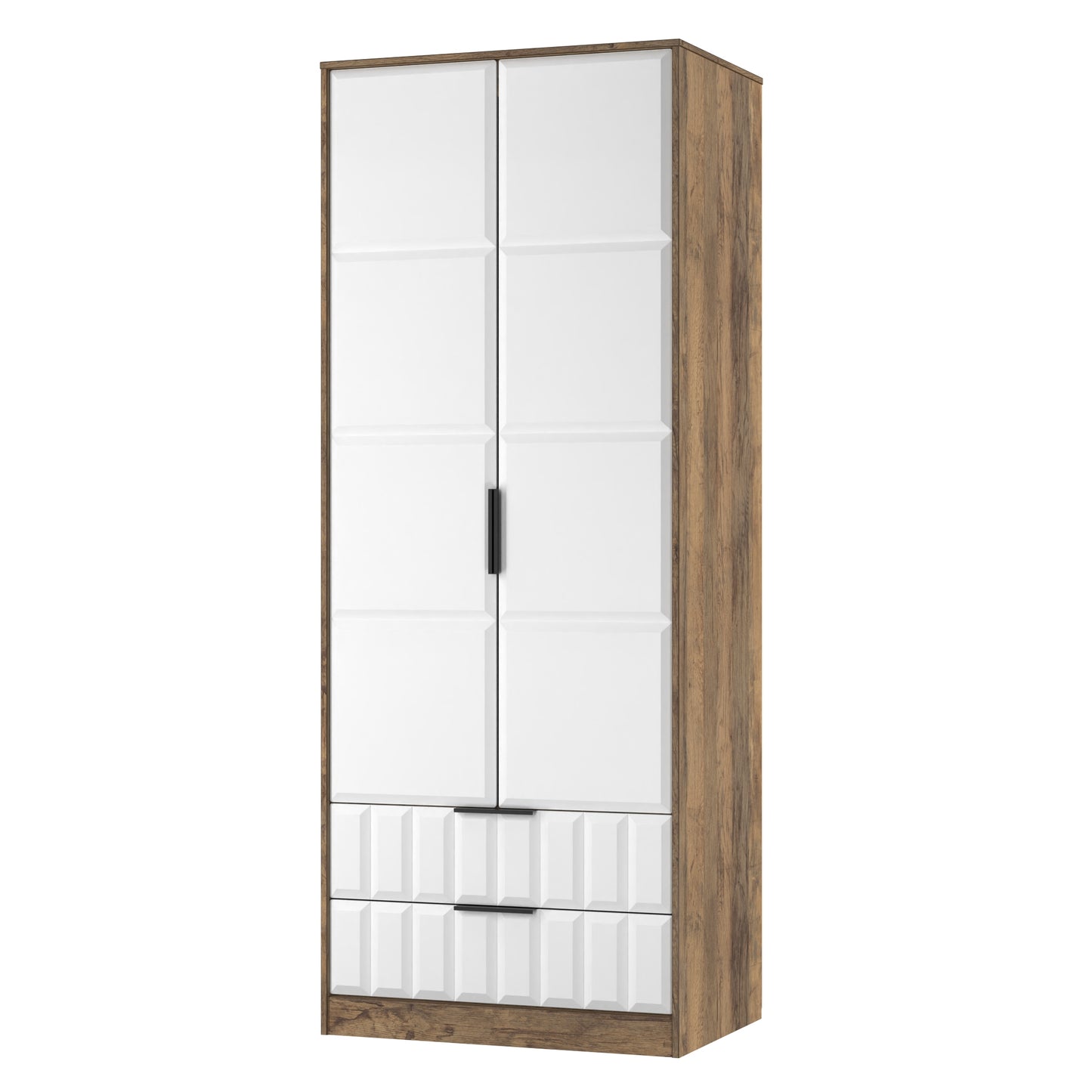New York C Tall Wardrobe White & Vintage Oak 2 Doors 2 Drawers 77cm