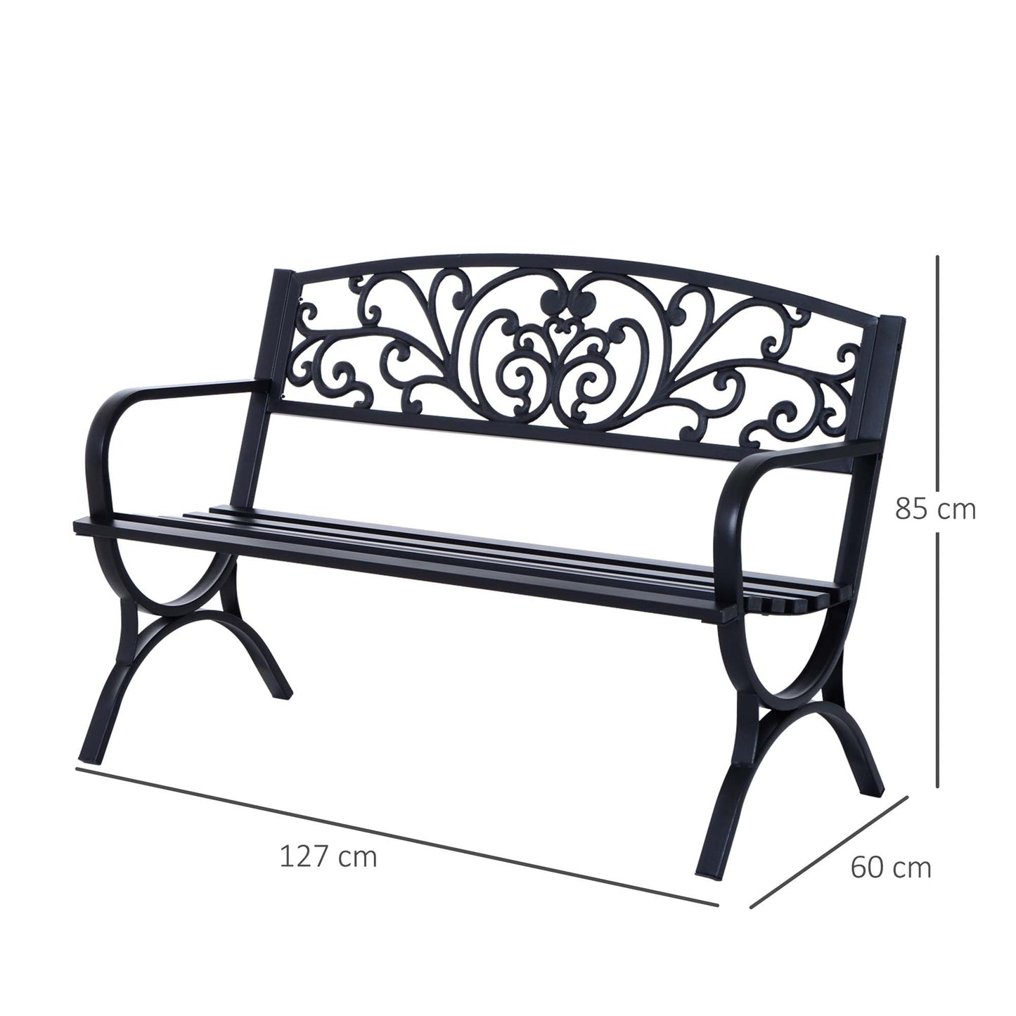 Outsunny 127L X 60W X 85H cm Powder Coated Garden Bench For Patio Backyard Steel-Black