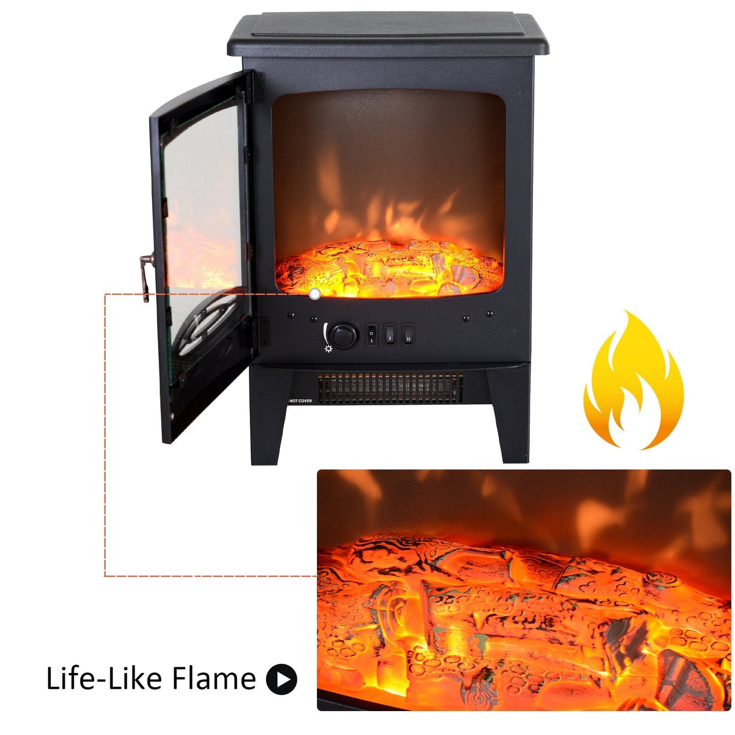 Electric Heater Freestanding Fireplace Artificial Flame Effect w/ Safety Thermostat 950w/1850W Tempered Glass Casing-Black
