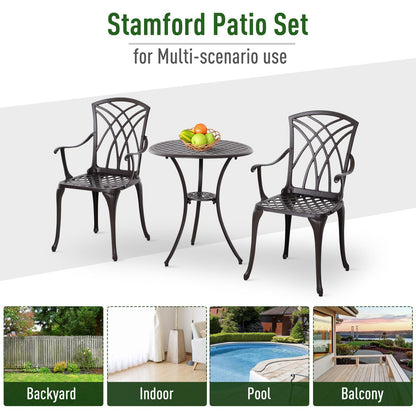 Patio Cast Aluminium 3-Piece Bistro Set Coffee Table & 2 Chairs Set Outdoor Garden Furniture Set