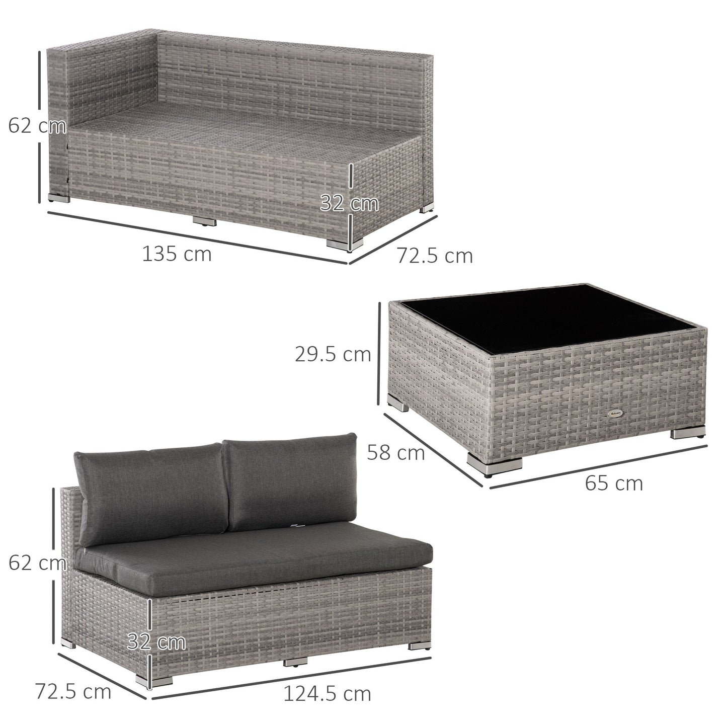 Four-Piece Half-Square Rattan Sofa Set - Mixed Grey