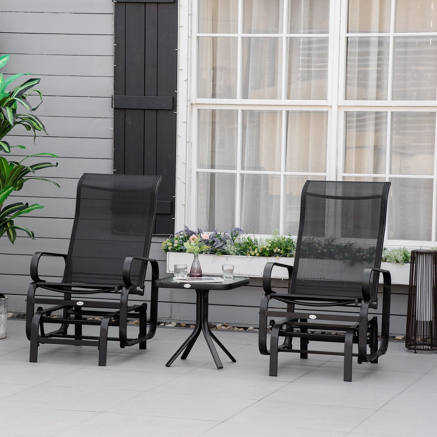 3-Piece Metal Outdoor Gliding Rocking Chair With Tea Table Patio Garden Comfortable Swing Chair Black