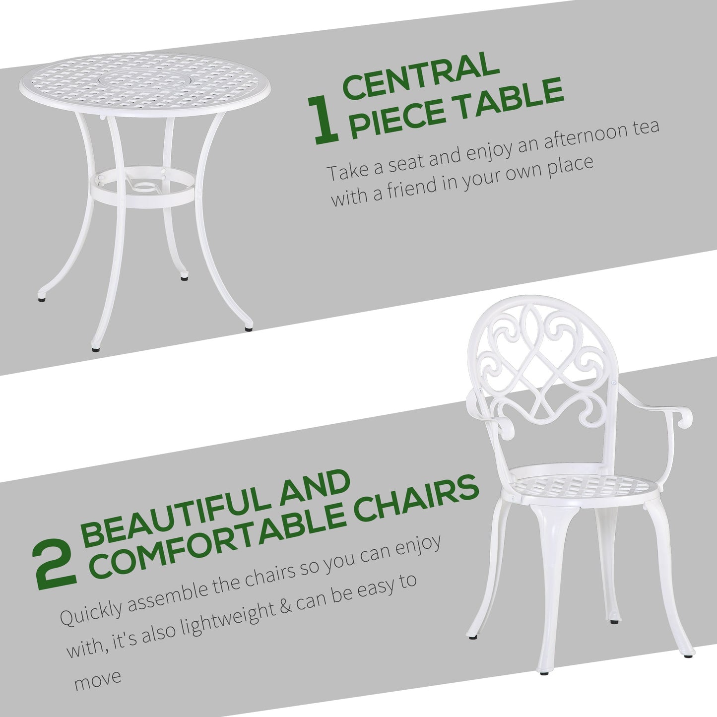 3-Piece Garden Bistro Set Cast Aluminium Round Table with 2 Chairs for Outdoor Patio Balcony White