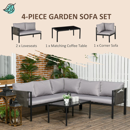 Outsunny 4 Piece Metal Garden Furniture Set with Tempered Glass Coffee Table