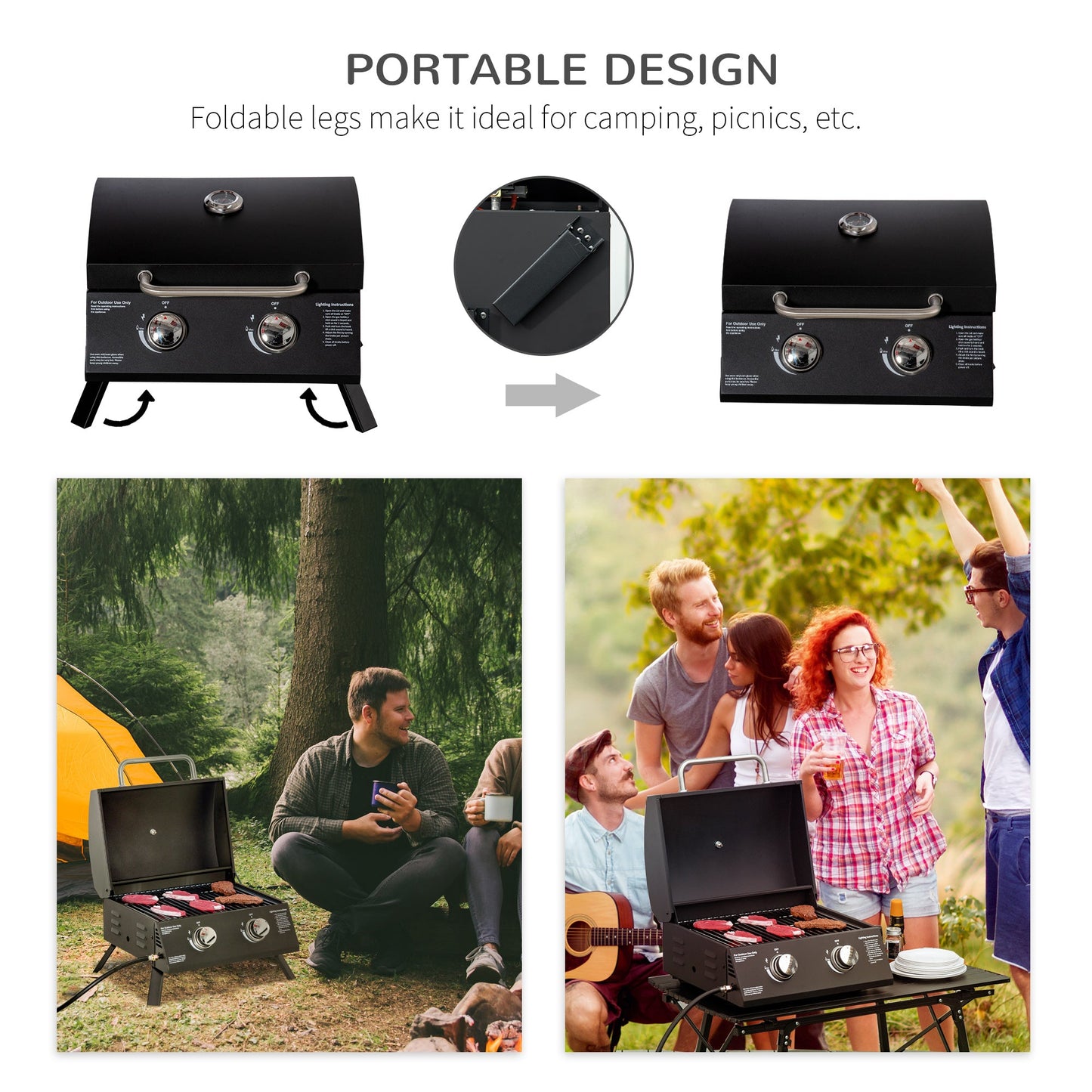 2 Burner Gas BBQ Grill Outdoor Portable Folding Tabletop Barbecue w/ Lid