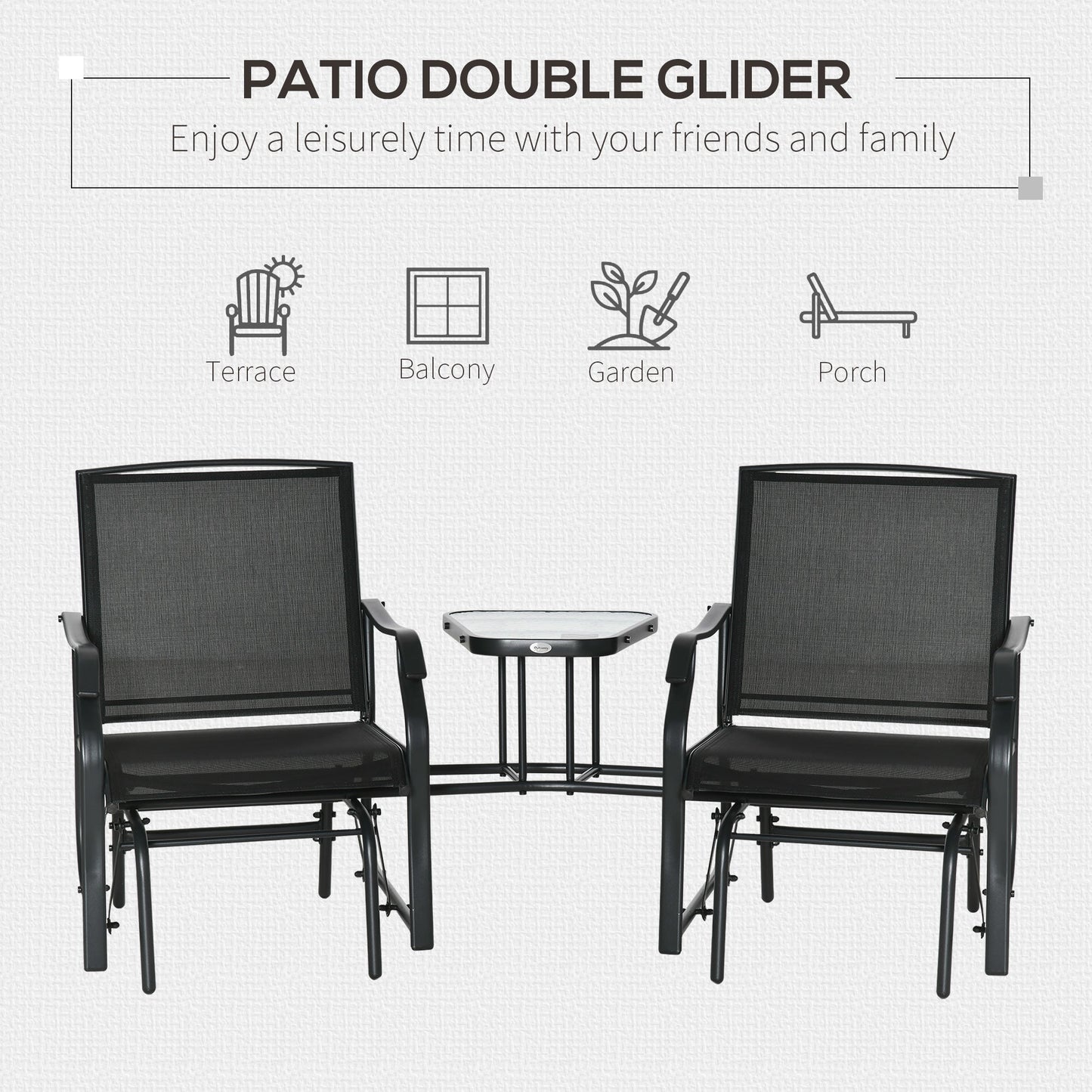 Outsunny Garden Double Glider Rocking Chairs Metal Gliding Love Seat with Middle Table Conversation Set Patio Backyard Relax Outdoor Furniture Black